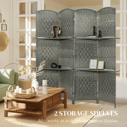 6 FT Privacy Screen, 4 Panel Room Divider With Shelves, Grey