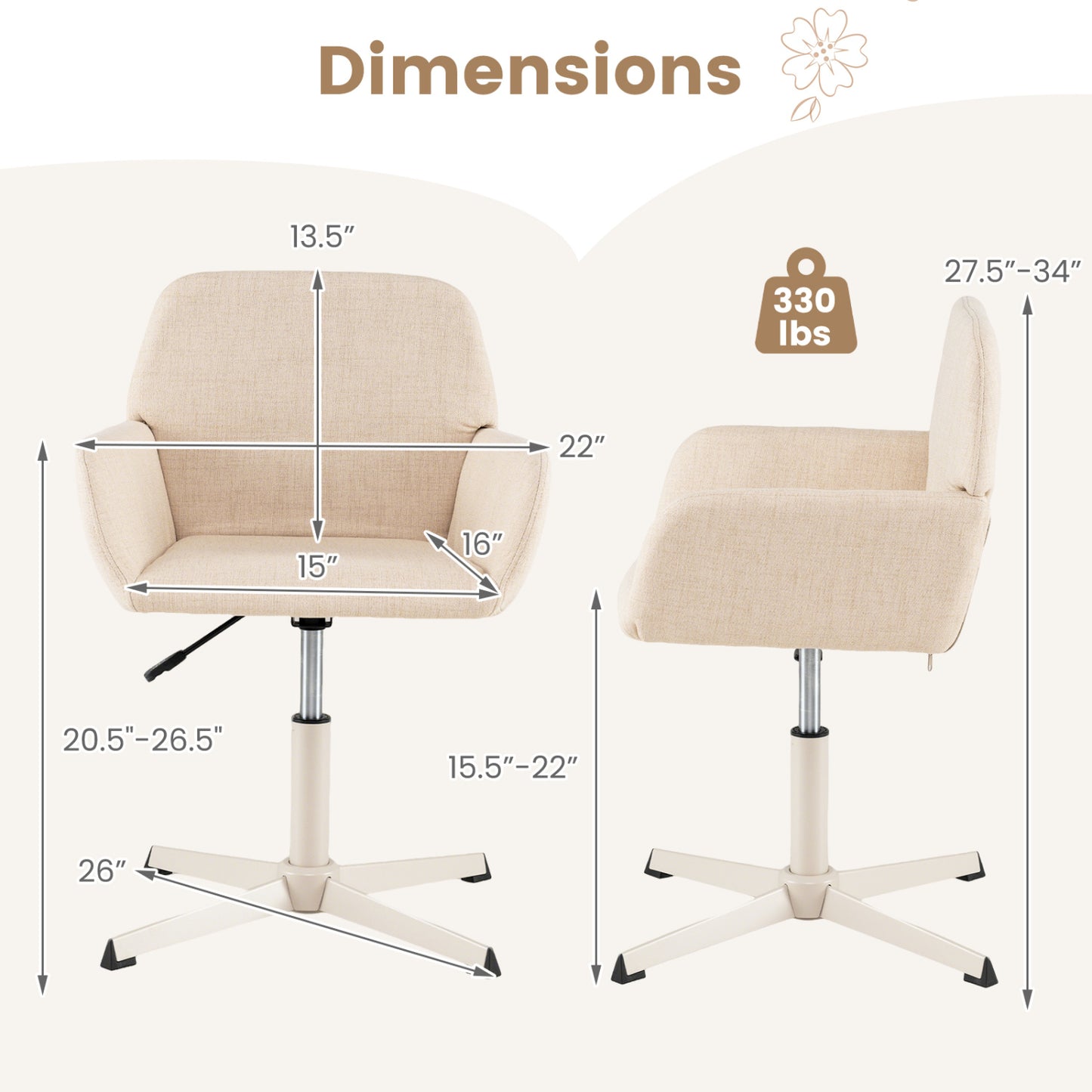 Chaise de coiffeuse avec dossier, pivotante à 360°, hauteur réglable, beige