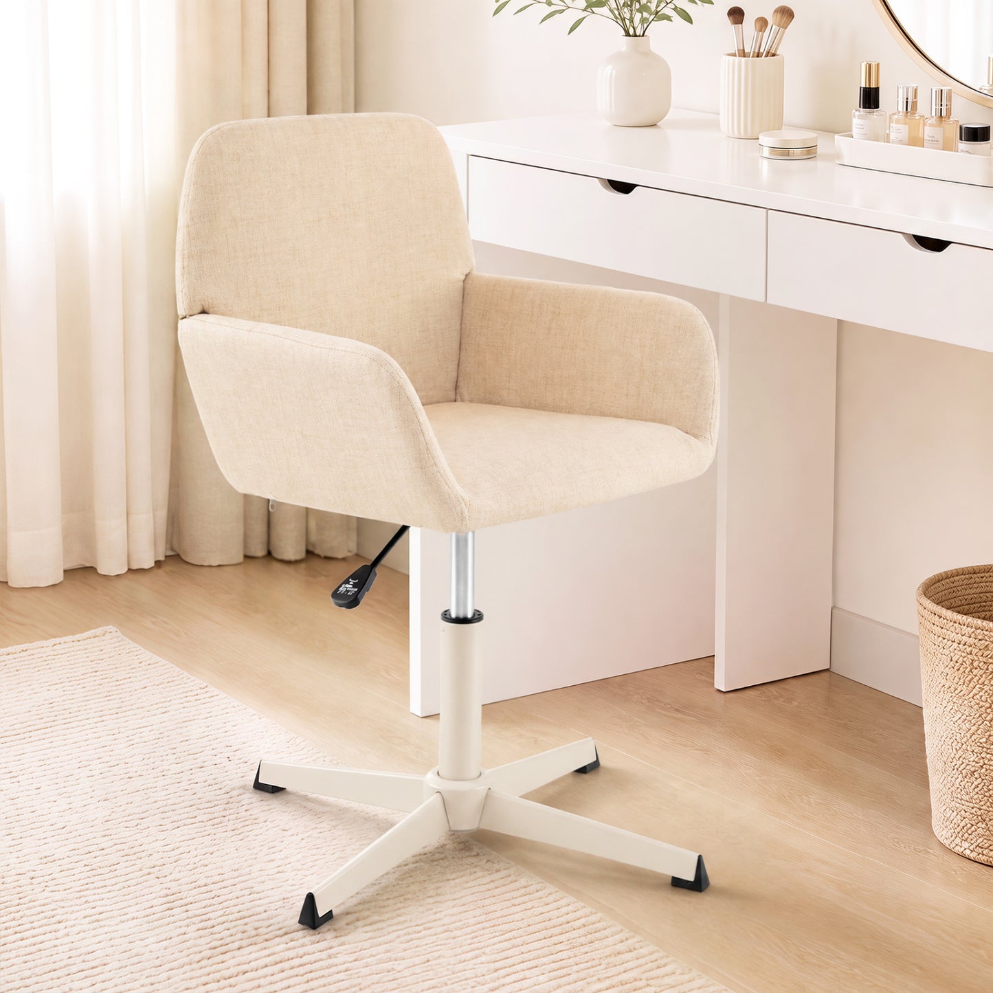 Chaise de coiffeuse avec dossier, pivotante à 360°, hauteur réglable, beige