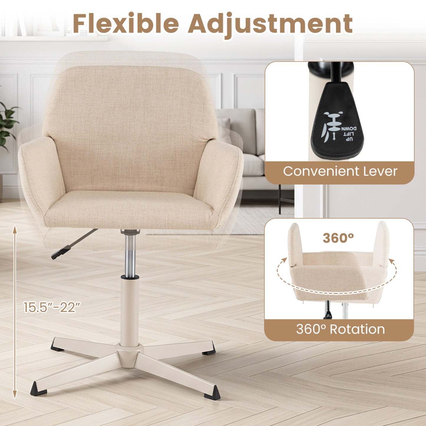 Chaise de coiffeuse avec dossier, pivotante à 360°, hauteur réglable, beige