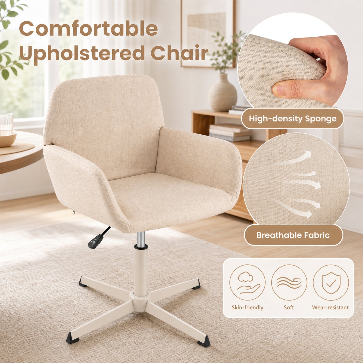 Chaise de coiffeuse avec dossier, pivotante à 360°, hauteur réglable, beige