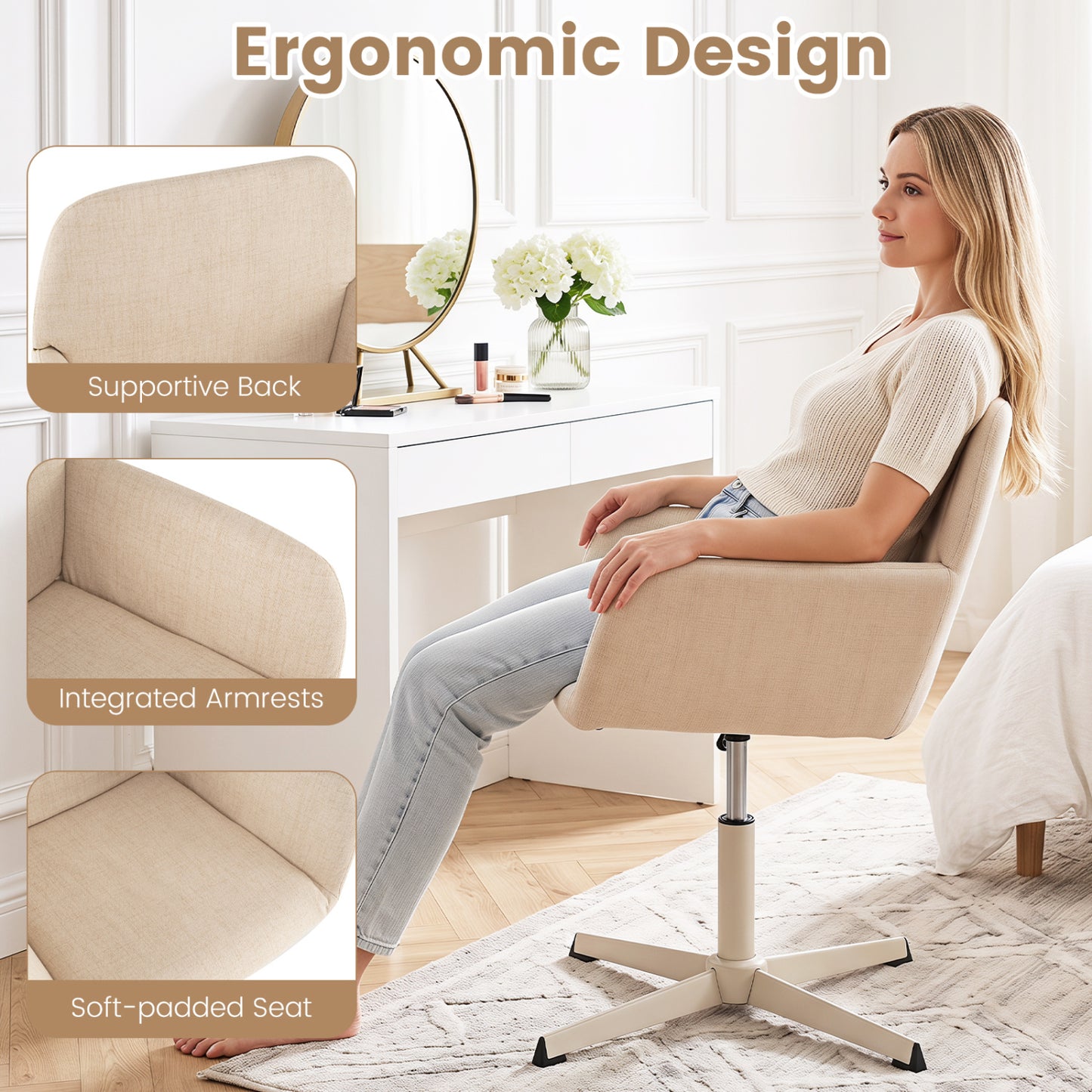 Chaise de coiffeuse avec dossier, pivotante à 360°, hauteur réglable, beige