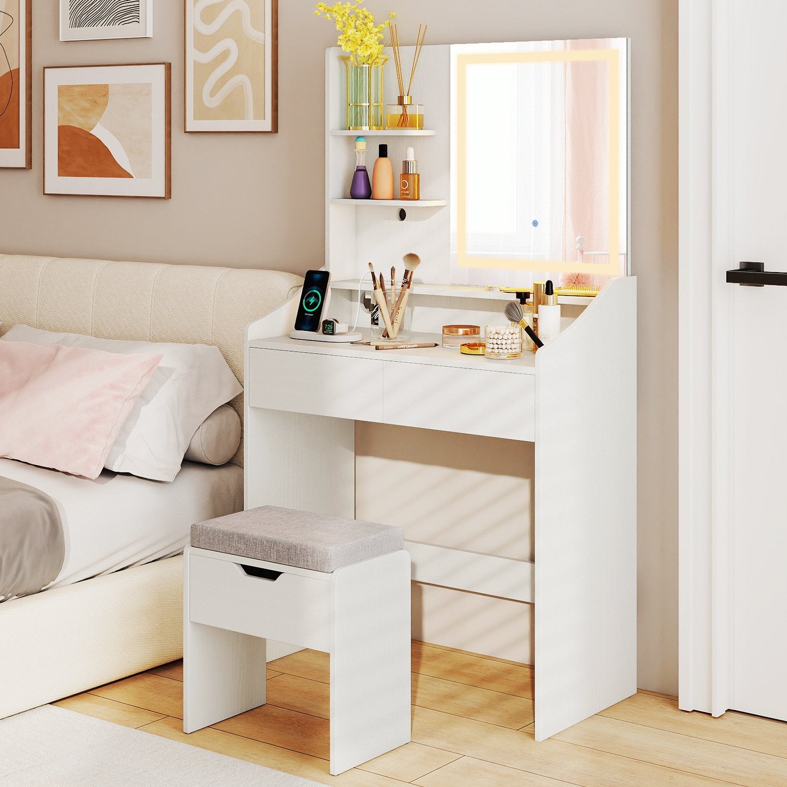 Vanity Desk LED Lighted Makeup Table with 3 Color Modes, White Makeup Vanities at Gallery Canada