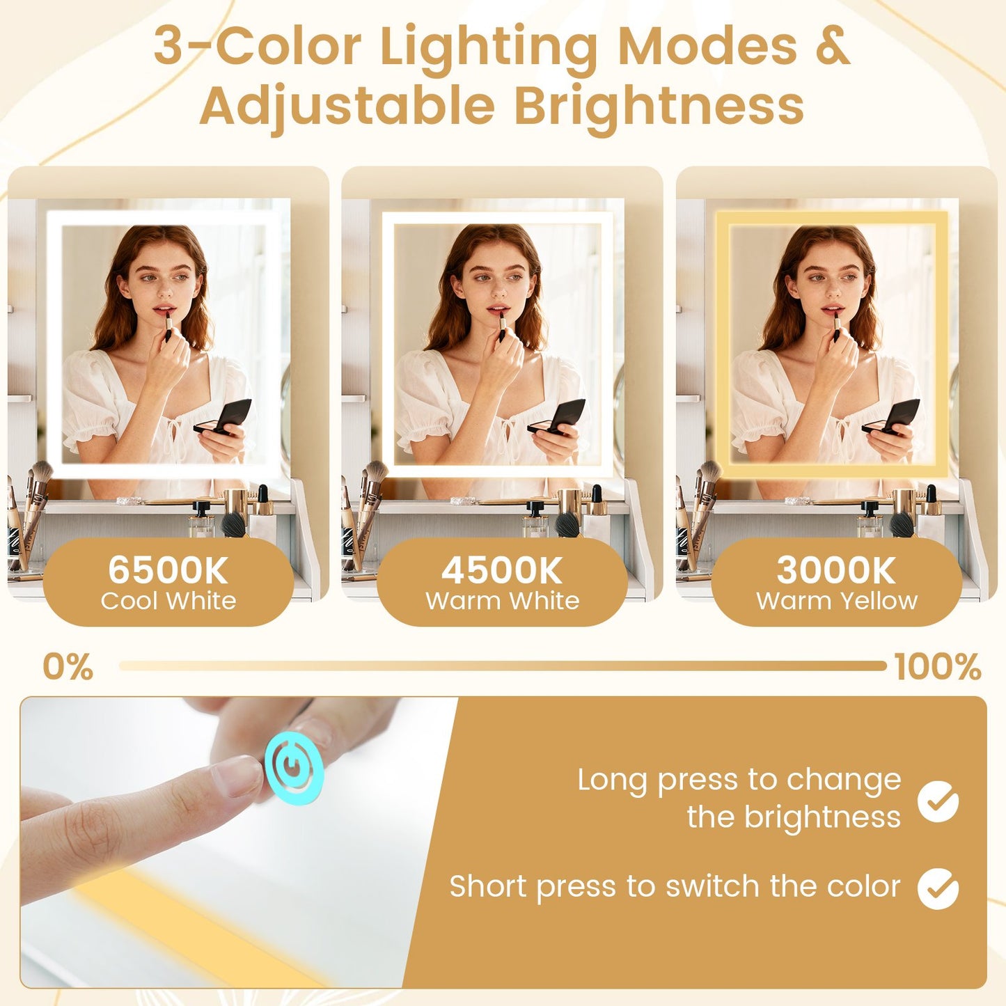 Vanity Desk LED Lighted Makeup Table with 3 Color Modes, White Makeup Vanities at Gallery Canada