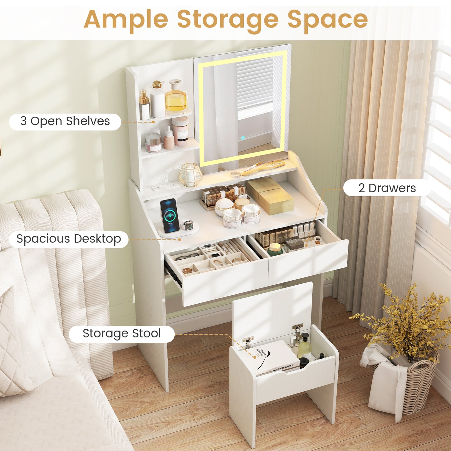 Vanity Desk LED Lighted Makeup Table with 3 Color Modes, White Makeup Vanities at Gallery Canada