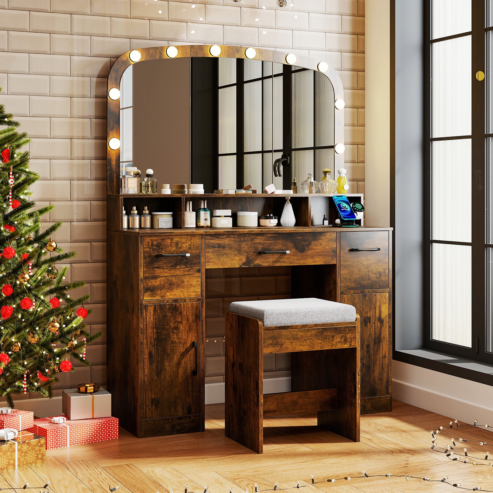Vanity Desk Makeup Table with Stool 3-Color Lights and Charging Station, Rustic Brown Makeup Vanities at Gallery Canada
