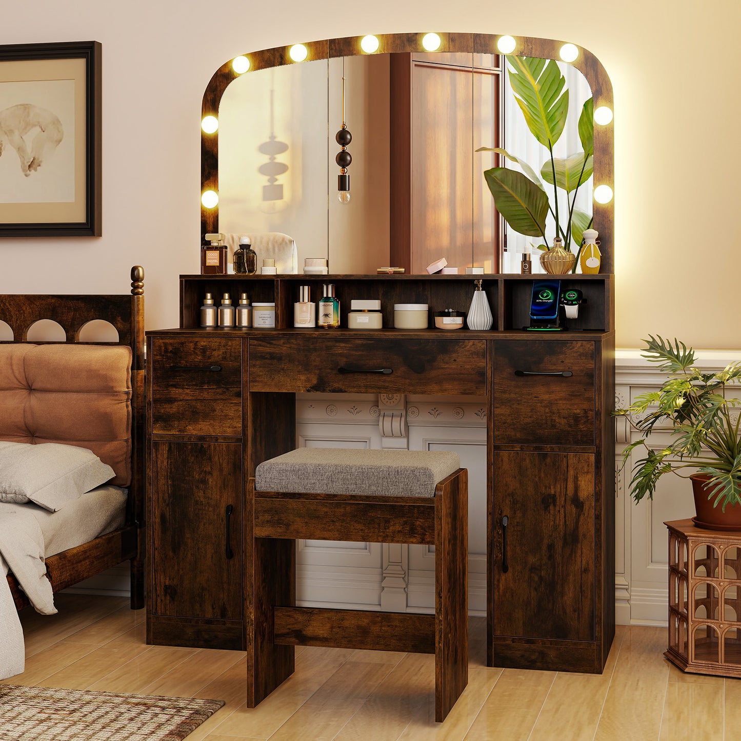 Vanity Desk Makeup Table with Stool 3-Color Lights and Charging Station, Rustic Brown Makeup Vanities at Gallery Canada
