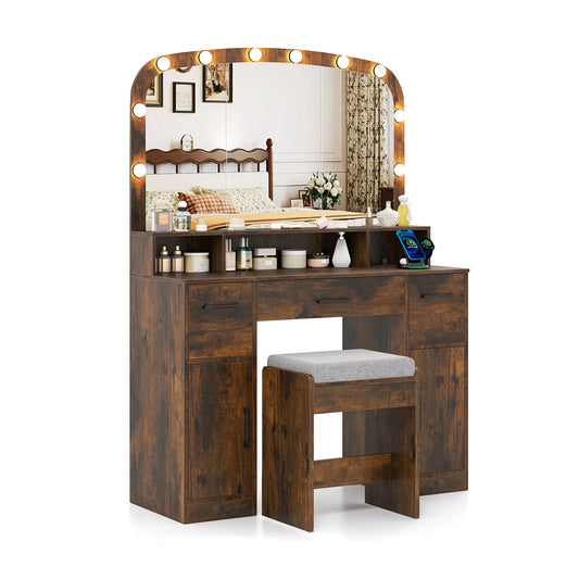 Vanity Desk Makeup Table with Stool 3-Color Lights and Charging Station, Rustic Brown Makeup Vanities Rustic Brown at Gallery Canada