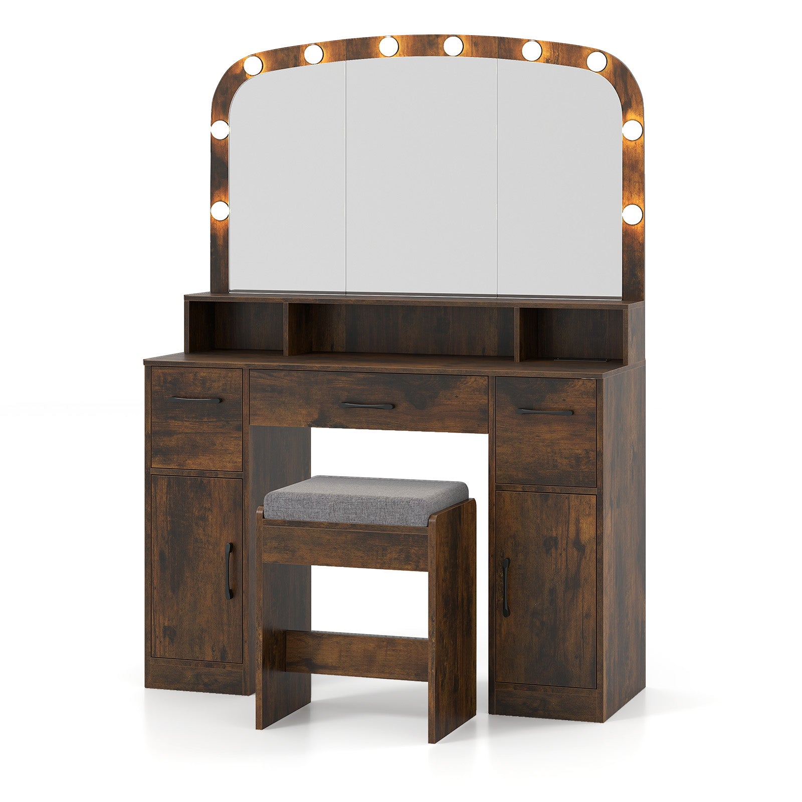 Vanity Desk Makeup Table with Stool 3-Color Lights and Charging Station, Rustic Brown Makeup Vanities at Gallery Canada