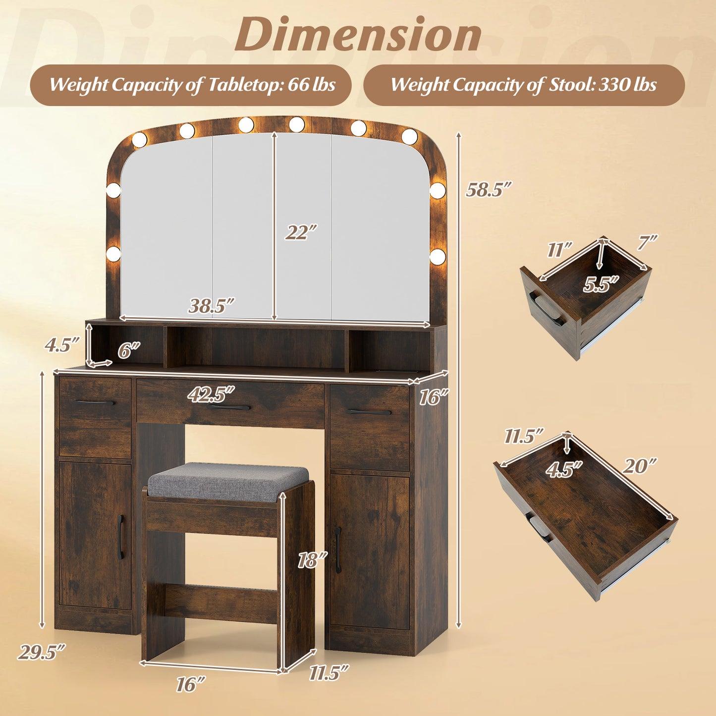 Vanity Desk Makeup Table with Stool 3-Color Lights and Charging Station, Rustic Brown Makeup Vanities at Gallery Canada