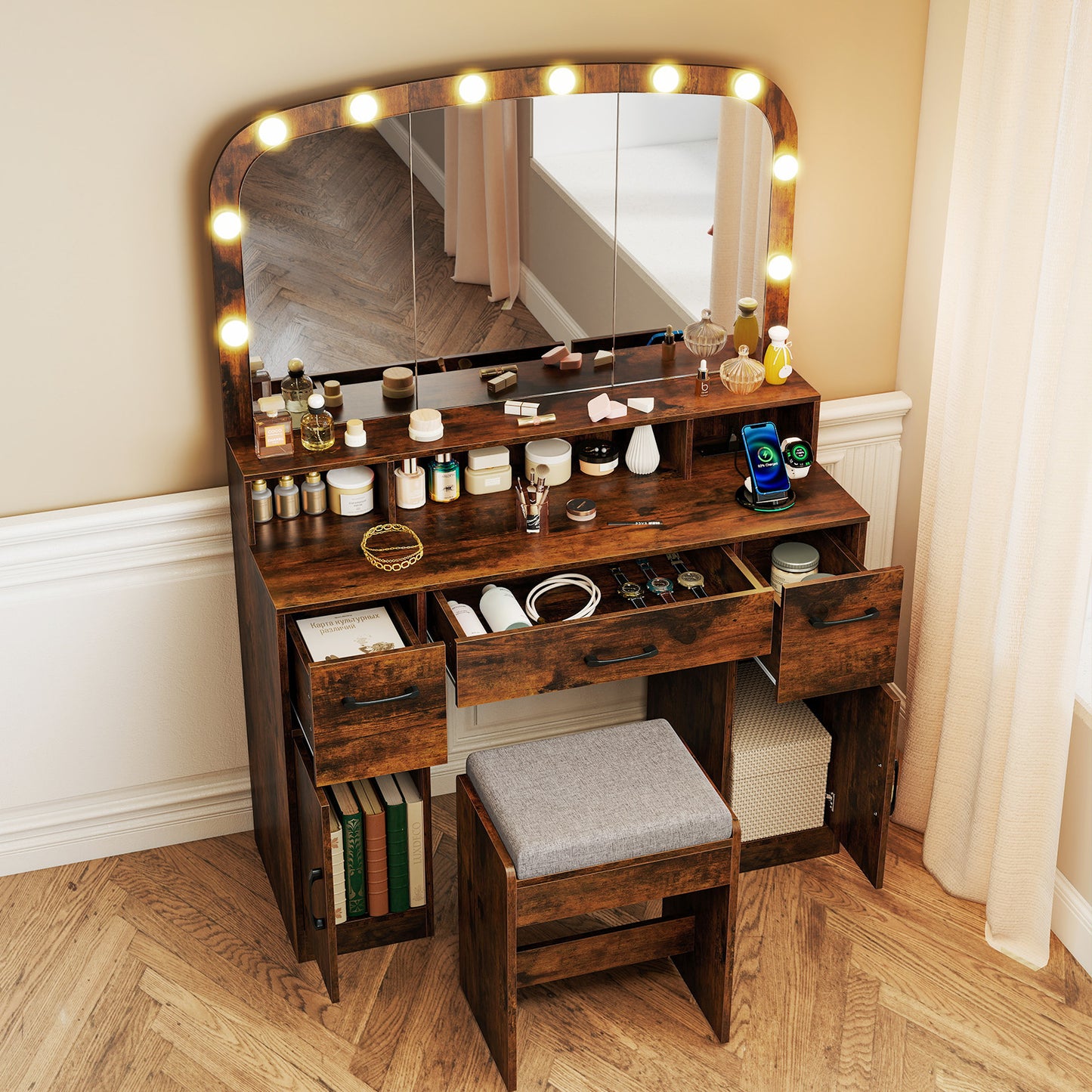 Vanity Desk Makeup Table with Stool 3-Color Lights and Charging Station, Rustic Brown Makeup Vanities at Gallery Canada