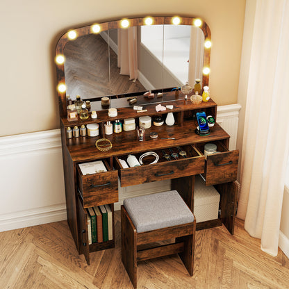 Vanity Desk Makeup Table with Stool 3-Color Lights and Charging Station, Rustic Brown Makeup Vanities at Gallery Canada