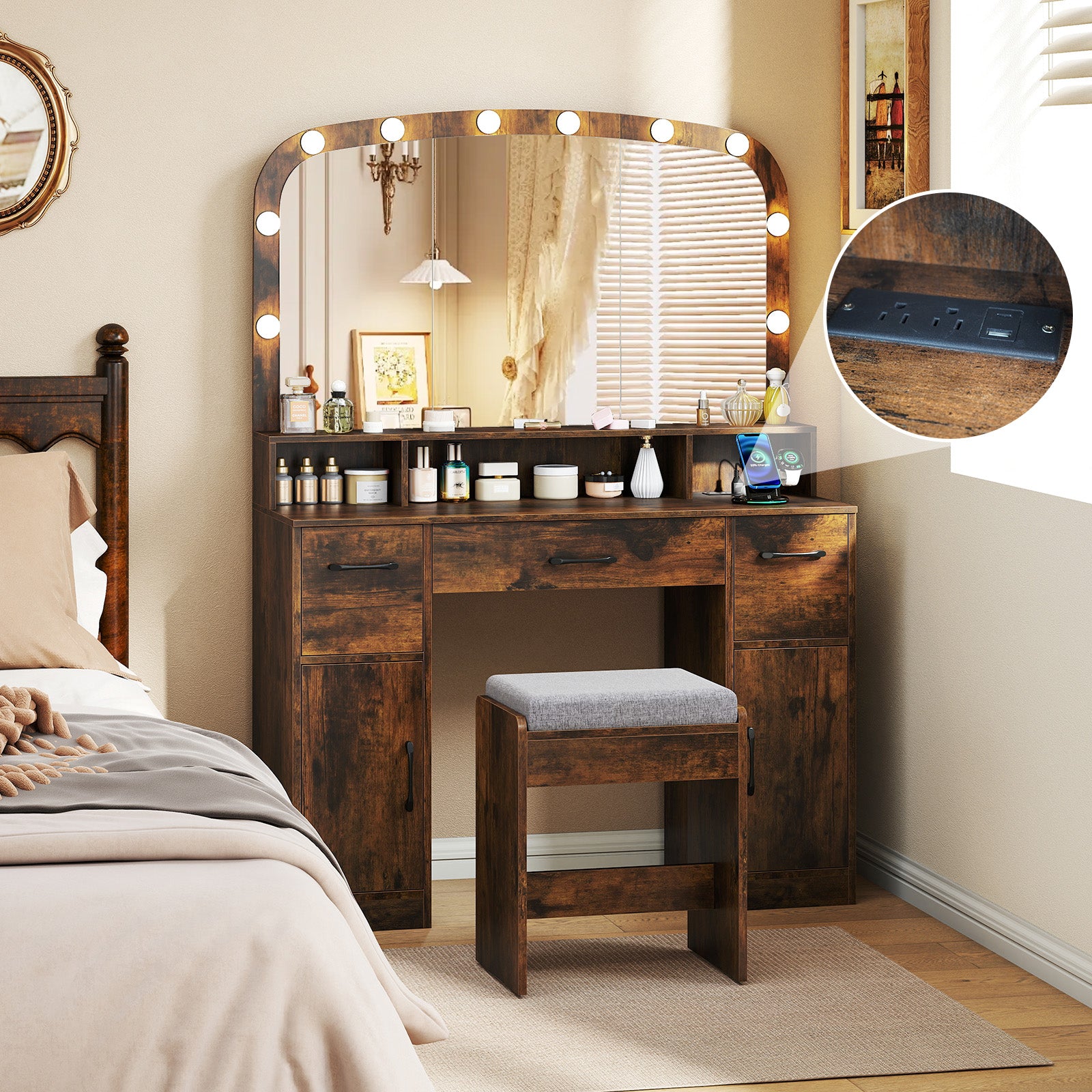 Vanity Desk Makeup Table with Stool 3-Color Lights and Charging Station, Rustic Brown Makeup Vanities at Gallery Canada