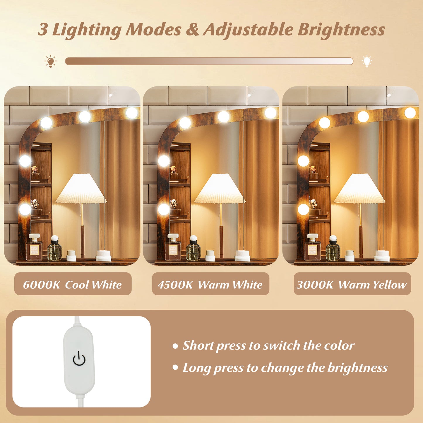Vanity Desk Makeup Table with Stool 3-Color Lights and Charging Station, Rustic Brown Makeup Vanities at Gallery Canada