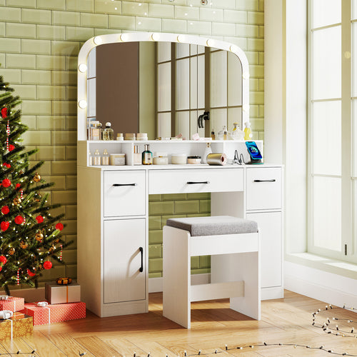 Vanity Desk Makeup Table with Stool 3-Color Lights and Charging Station, White