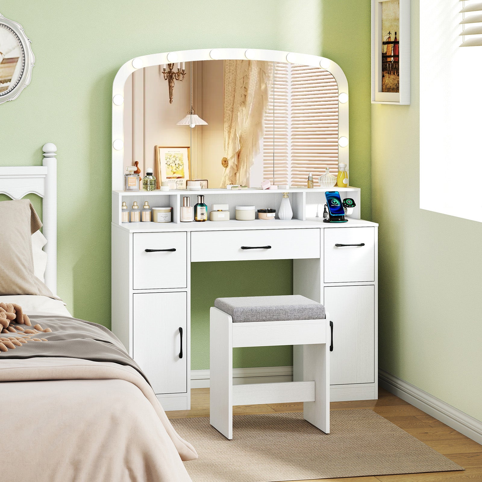 Vanity Desk Makeup Table with Stool 3-Color Lights and Charging Station, White Makeup Vanities at Gallery Canada