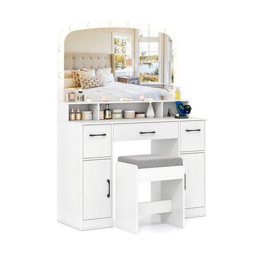 Makeup Vanity Desk With Stool, 3-Color Lights, Charging Station, White