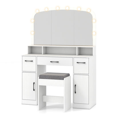 Vanity Desk Makeup Table with Stool 3-Color Lights and Charging Station, White Makeup Vanities at Gallery Canada