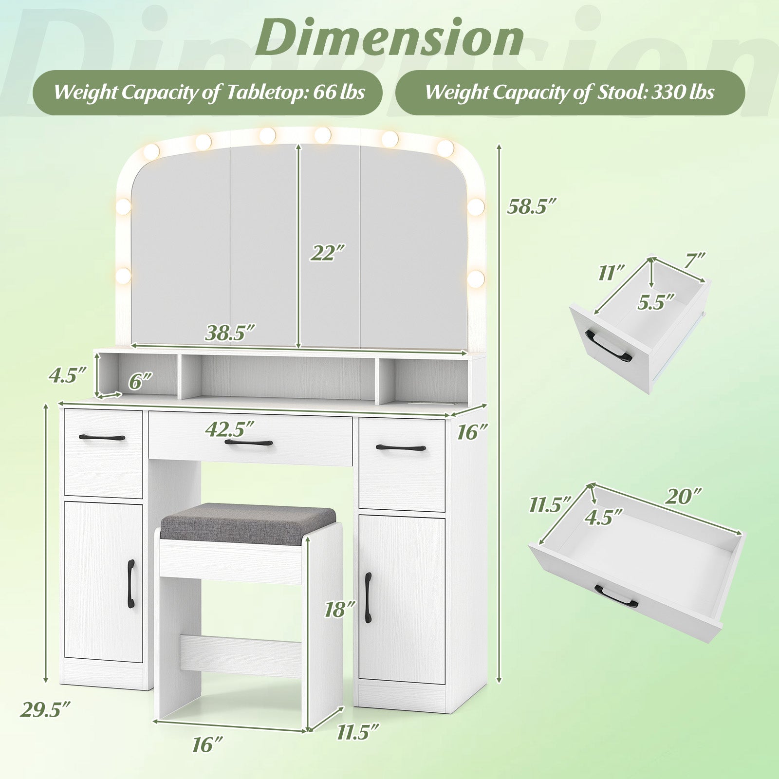 Vanity Desk Makeup Table with Stool 3-Color Lights and Charging Station, White Makeup Vanities at Gallery Canada