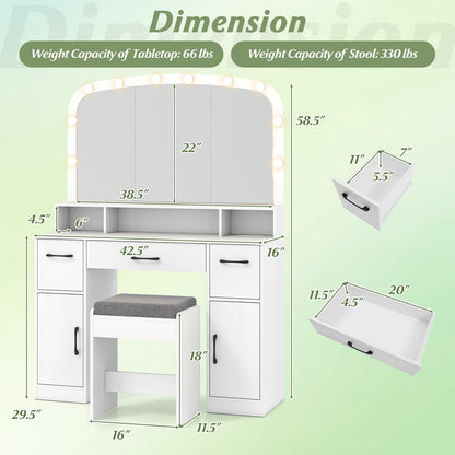 Vanity Desk Makeup Table with Stool 3-Color Lights and Charging Station, White Makeup Vanities at Gallery Canada