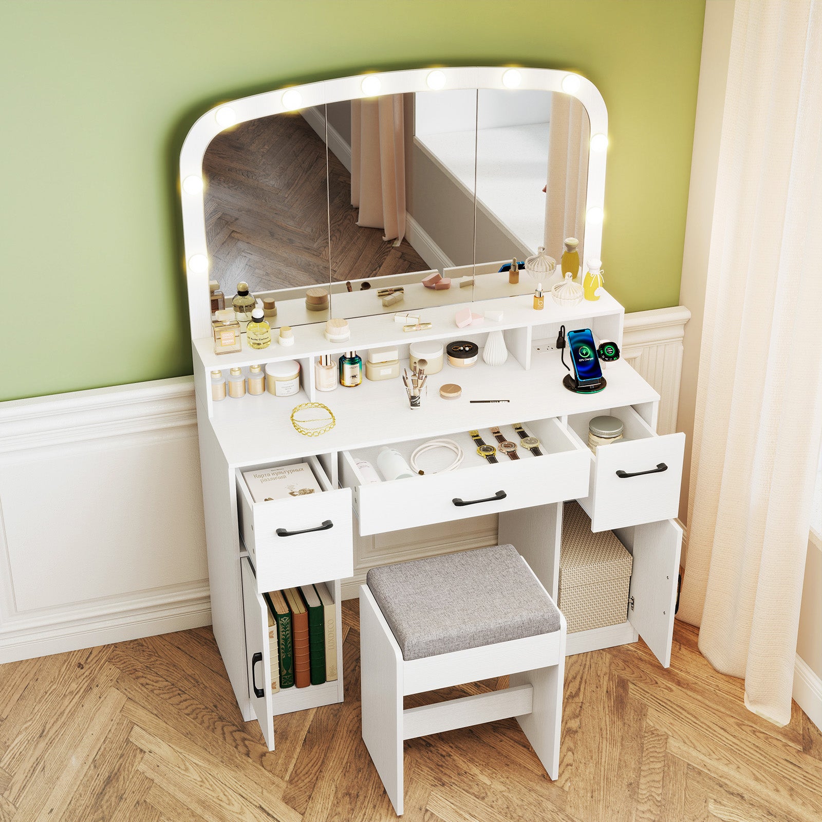 Vanity Desk Makeup Table with Stool 3-Color Lights and Charging Station, White Makeup Vanities at Gallery Canada