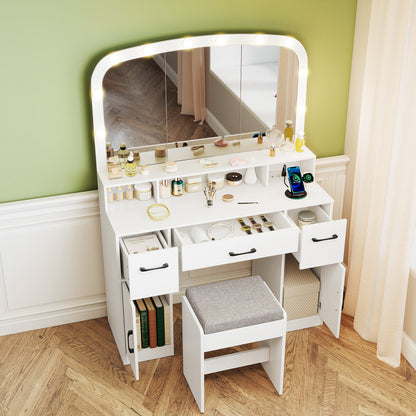 Vanity Desk Makeup Table with Stool 3-Color Lights and Charging Station, White Makeup Vanities at Gallery Canada