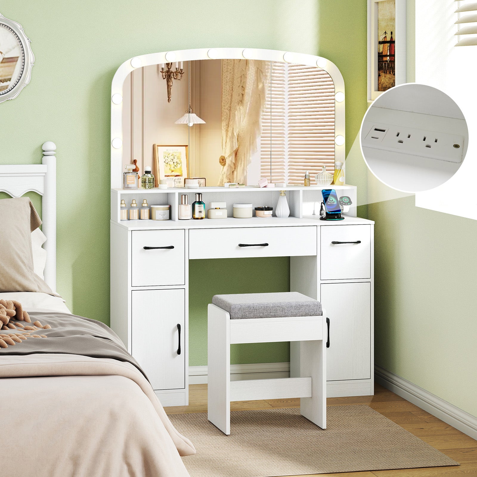 Vanity Desk Makeup Table with Stool 3-Color Lights and Charging Station, White Makeup Vanities at Gallery Canada