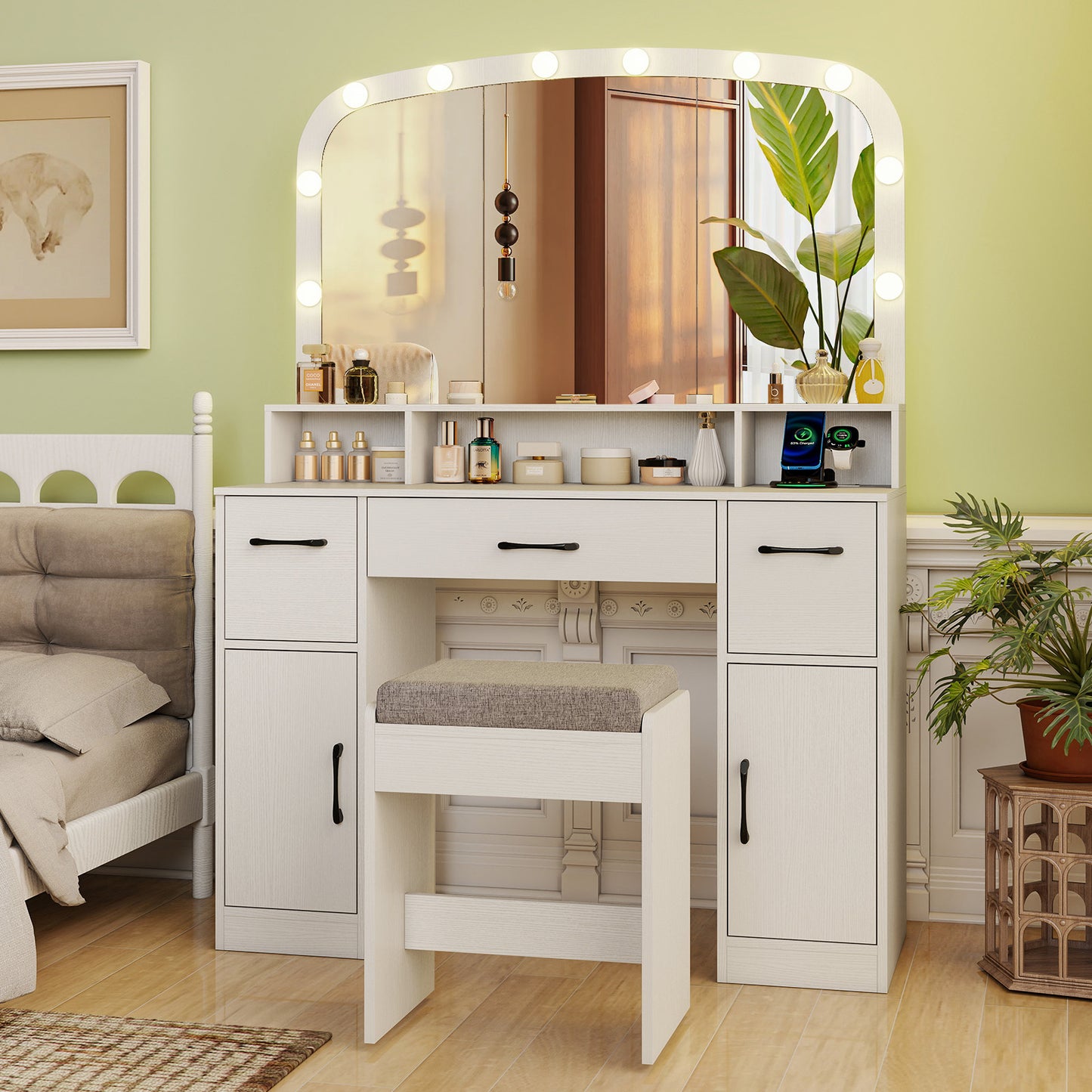 Vanity Desk Makeup Table with Stool 3-Color Lights and Charging Station, White Makeup Vanities at Gallery Canada