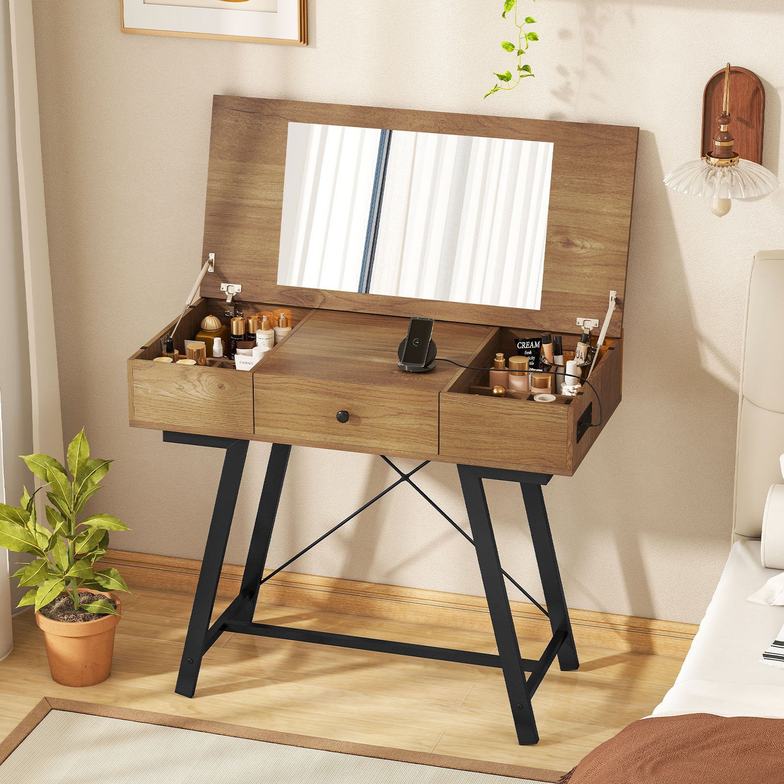 Vanity Desk with Flip Top Mirror Makeup Dressing Table, Rustic Brown Makeup Vanities at Gallery Canada