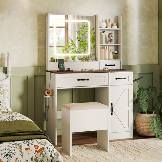 Vanity Desk with Mirror and Lights Farmhouse Makeup Dressing Table, White Makeup Vanities White at Gallery Canada