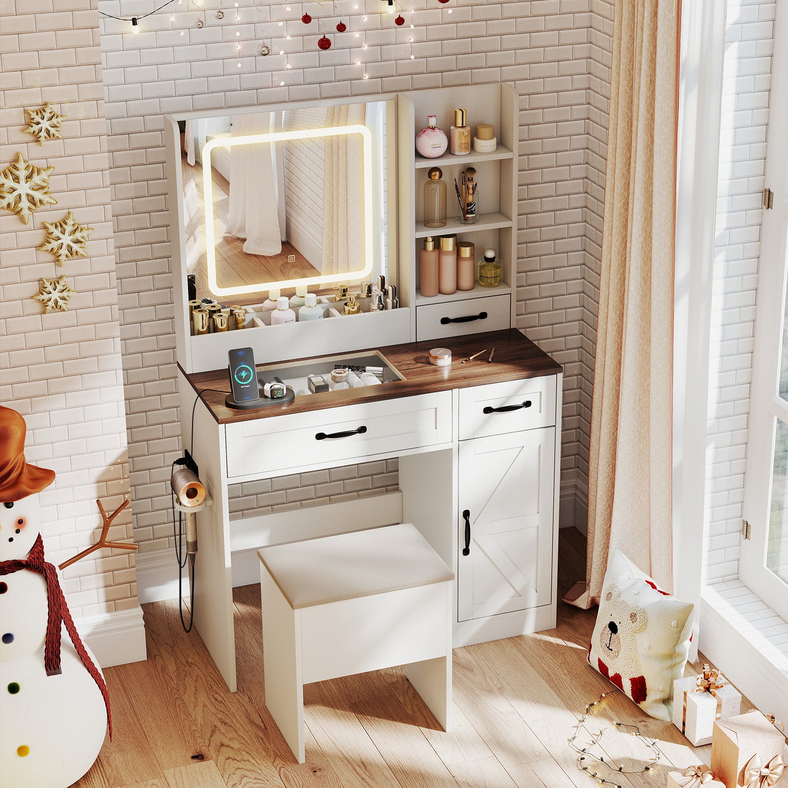 Vanity Desk with Mirror and Lights Farmhouse Makeup Dressing Table, White Makeup Vanities at Gallery Canada