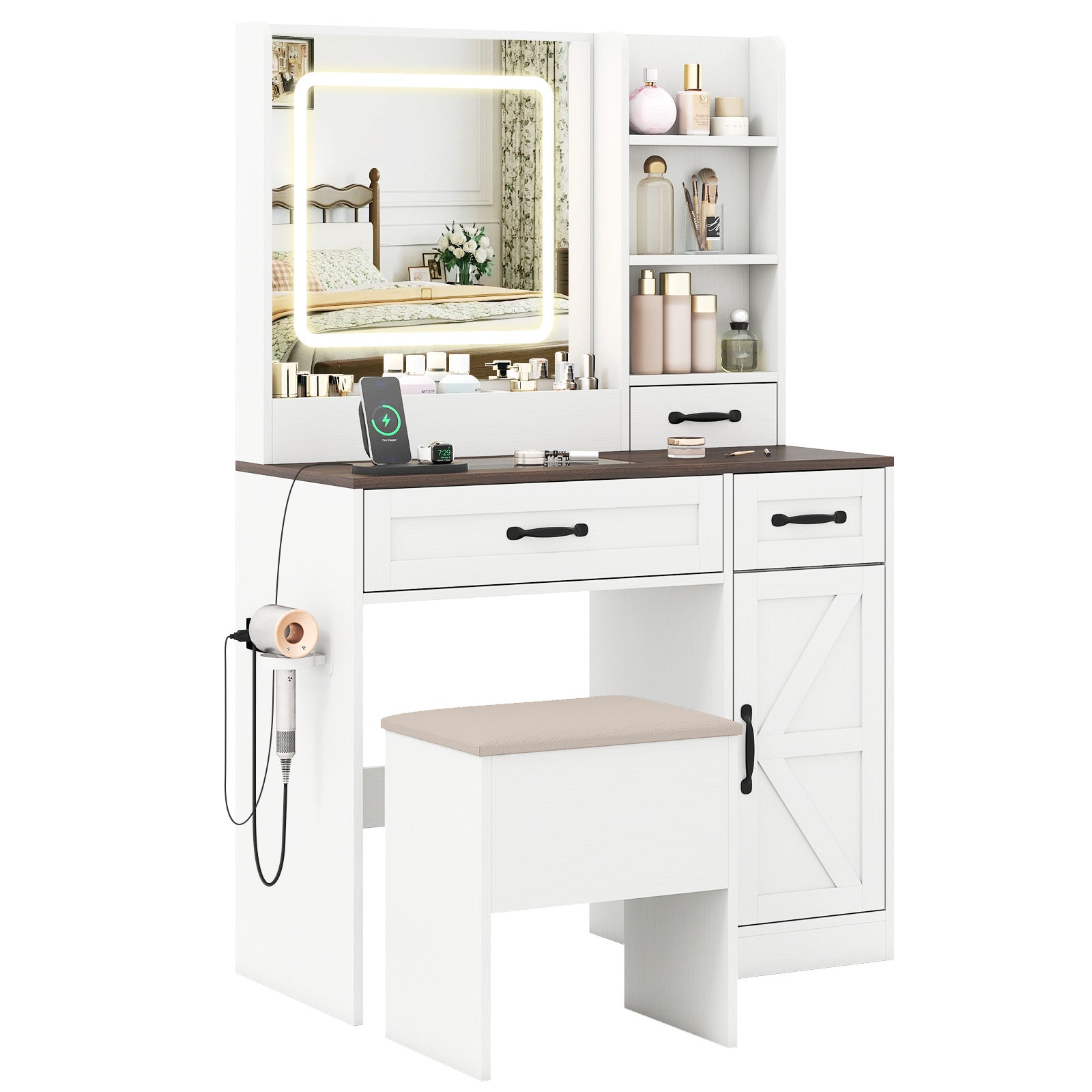 Vanity Desk with Mirror and Lights Farmhouse Makeup Dressing Table, White Makeup Vanities White at Gallery Canada