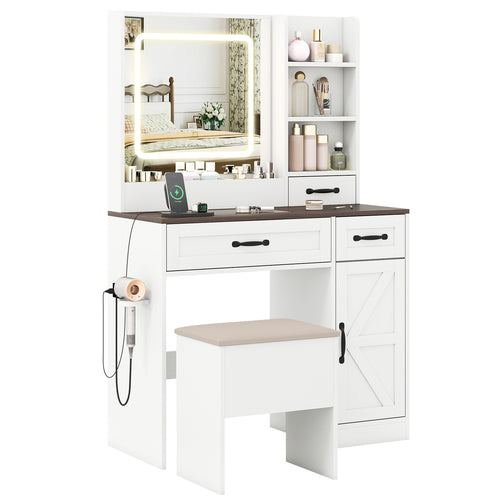 Vanity Desk with Mirror and Lights Farmhouse Makeup Dressing Table, White