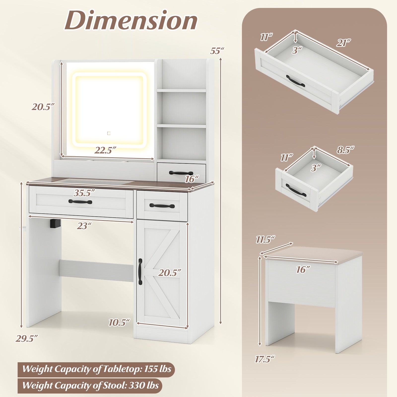 Vanity Desk with Mirror and Lights Farmhouse Makeup Dressing Table, White Makeup Vanities at Gallery Canada