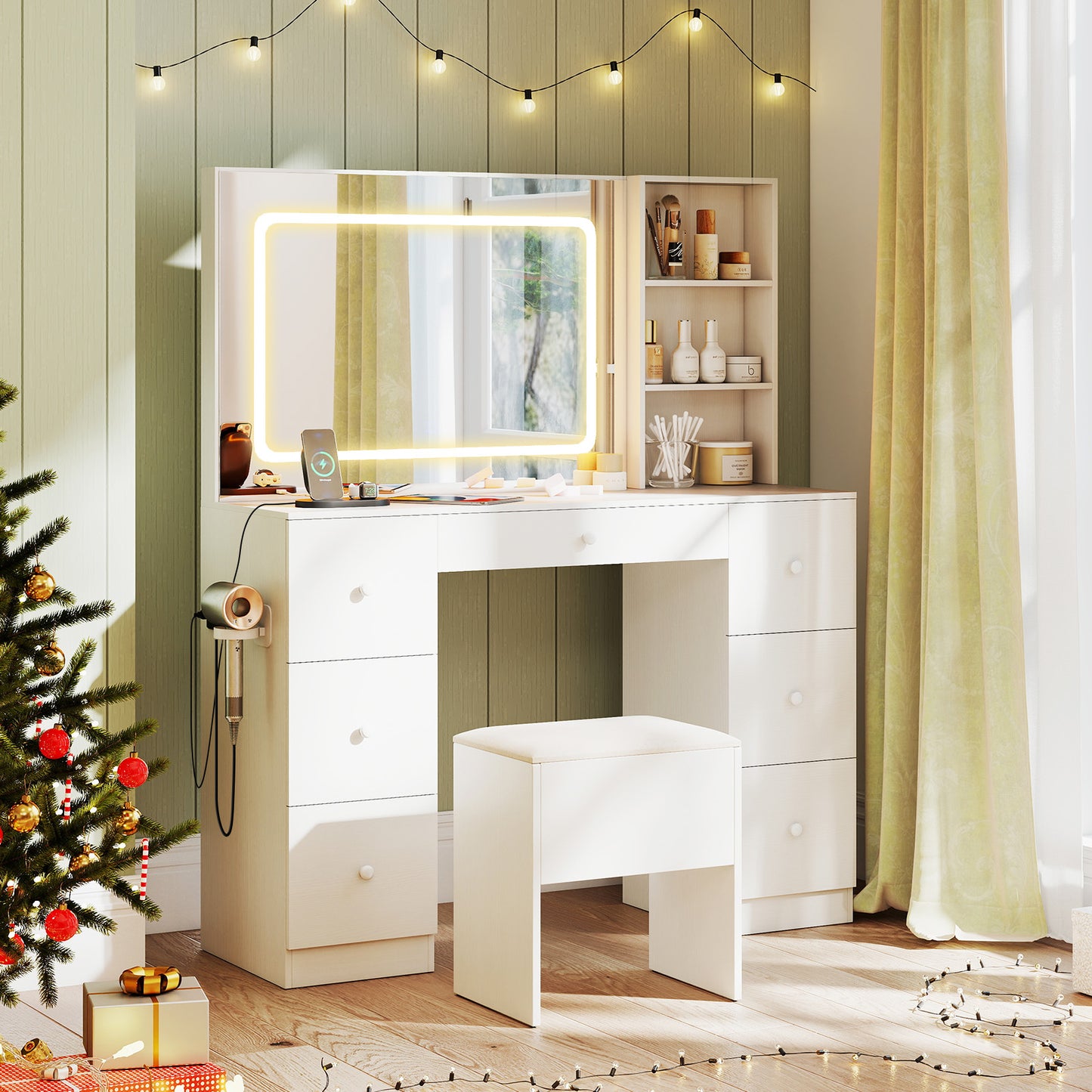 Vanity Desk with Mirror and Lights Makeup Dressing Table Vanity Table and Stool Set, White Makeup Vanities at Gallery Canada