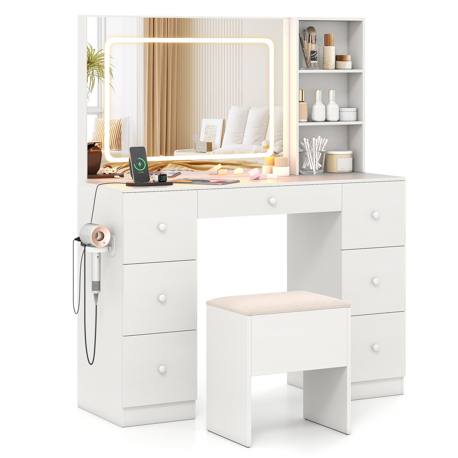 Vanity Desk with Mirror and Lights Makeup Dressing Table Vanity Table and Stool Set, White Makeup Vanities at Gallery Canada