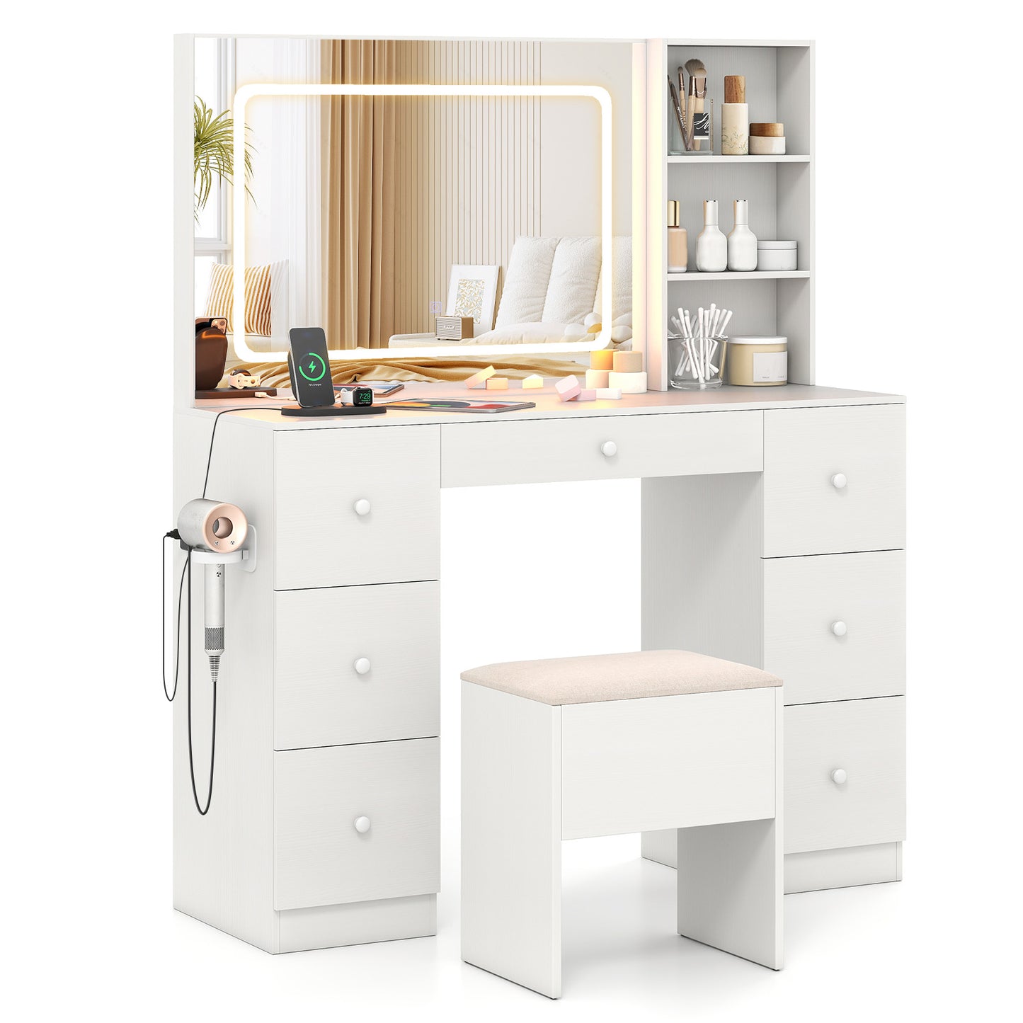 Vanity Desk with Mirror and Lights Makeup Dressing Table Vanity Table and Stool Set, White Makeup Vanities at Gallery Canada