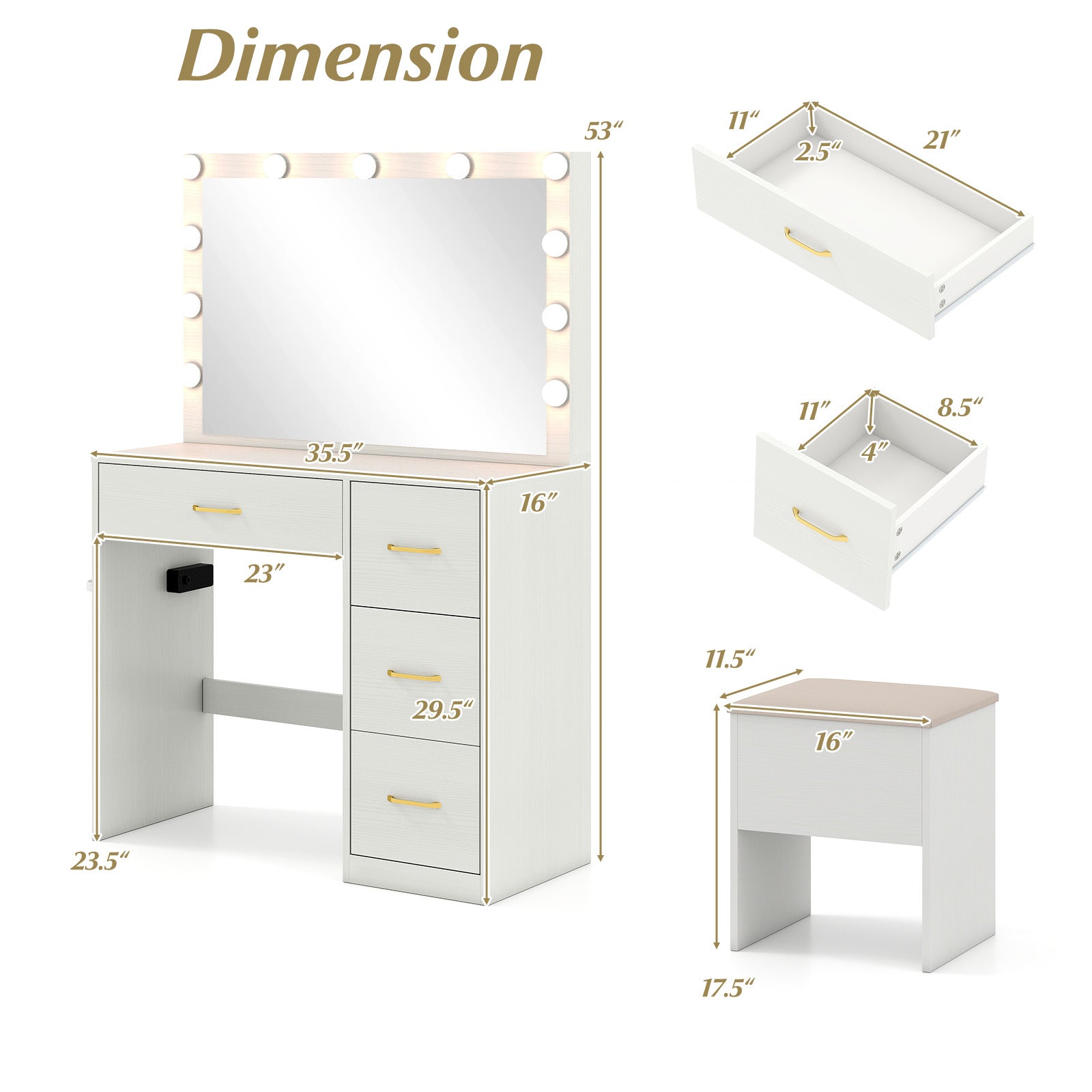 Vanity Desk with Mirror and Lights Makeup Dressing Table with Power Outlets, White Makeup Vanities at Gallery Canada