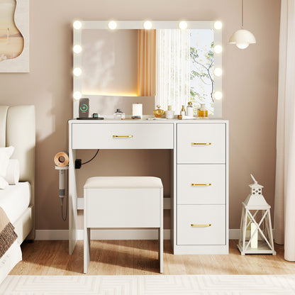 Vanity Desk with Mirror and Lights Makeup Dressing Table with Power Outlets, White Makeup Vanities at Gallery Canada