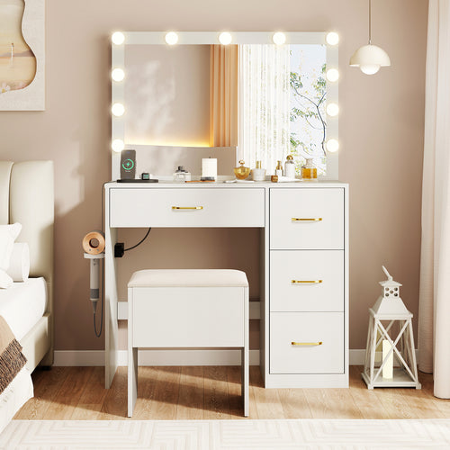 Vanity Desk with Mirror and Lights Makeup Dressing Table with Power Outlets, White