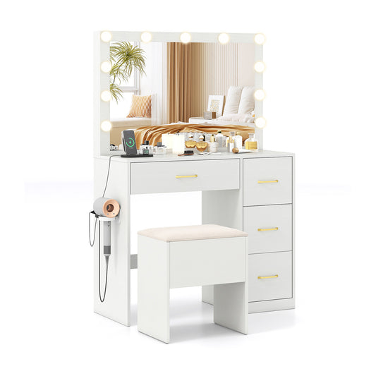 Vanity Desk with Mirror and Lights Makeup Dressing Table with Power Outlets, White Makeup Vanities White at Gallery Canada