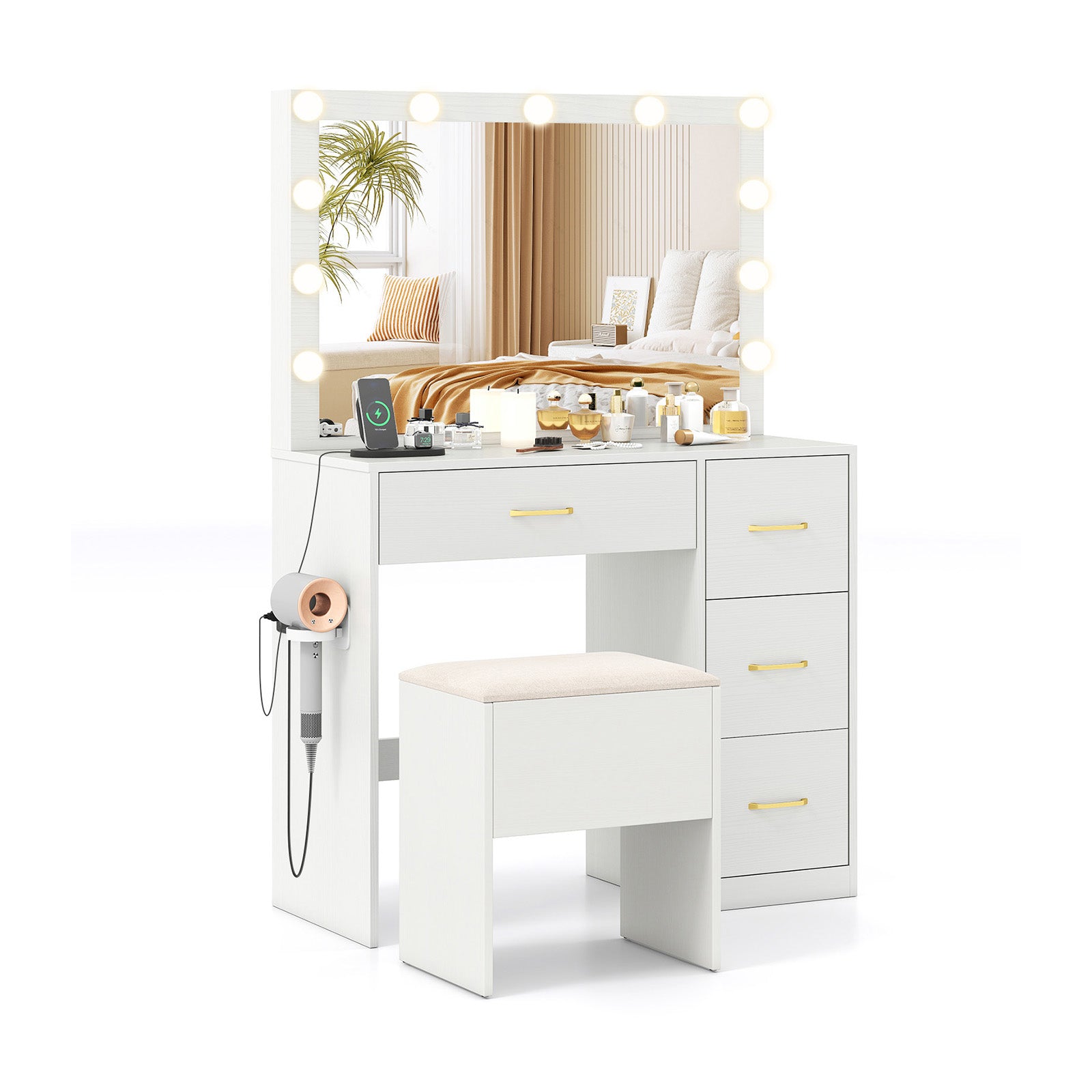 Vanity Desk With Mirror, Lights, Power Outlets, White Makeup Vanities White at Gallery Canada