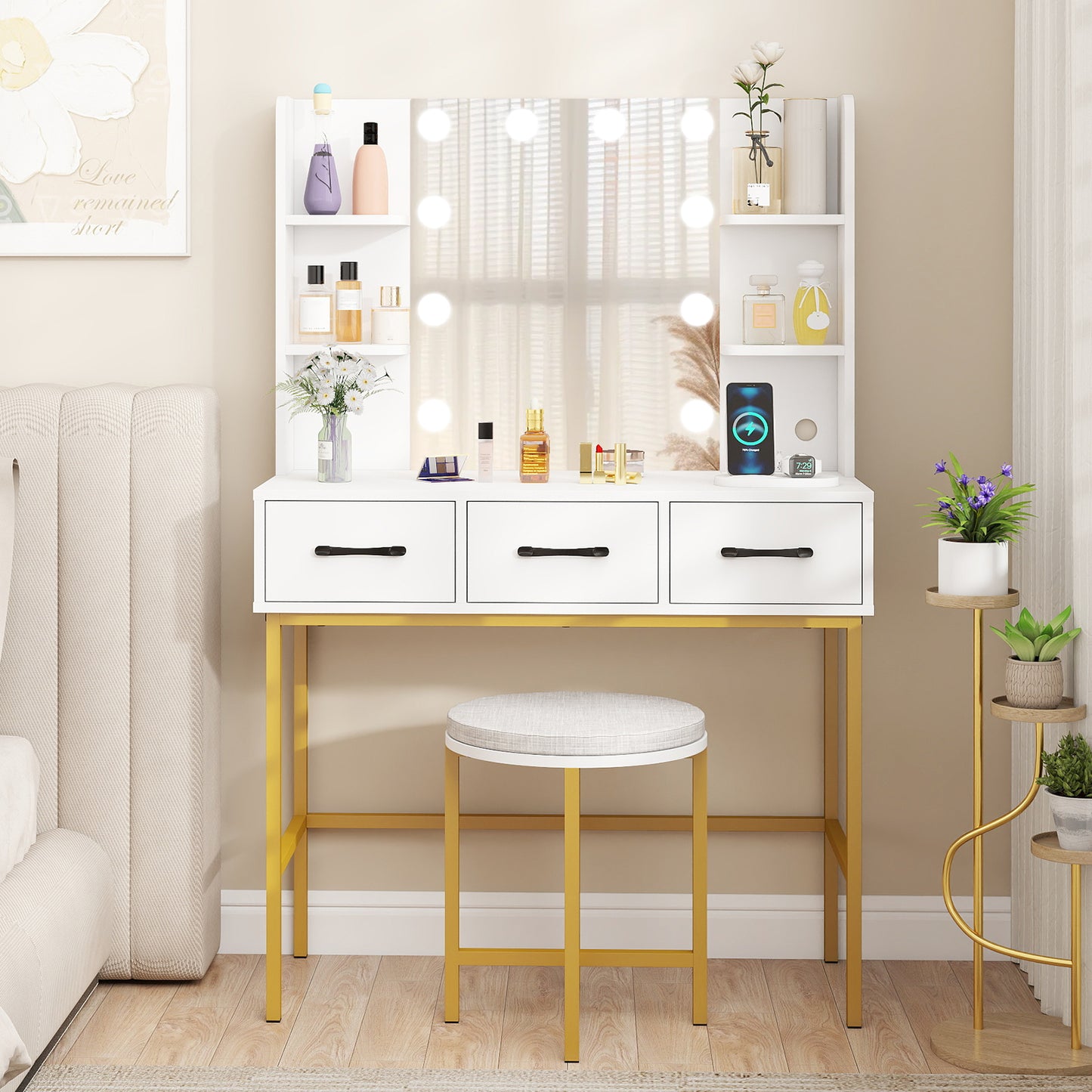 Vanity Desk with Mirror and Lights Makeup Dressing Table and Cushioned Stool Set, White Makeup Vanities at Gallery Canada