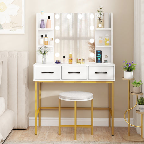 Vanity Desk with Mirror and Lights Makeup Dressing Table and Cushioned Stool Set, White