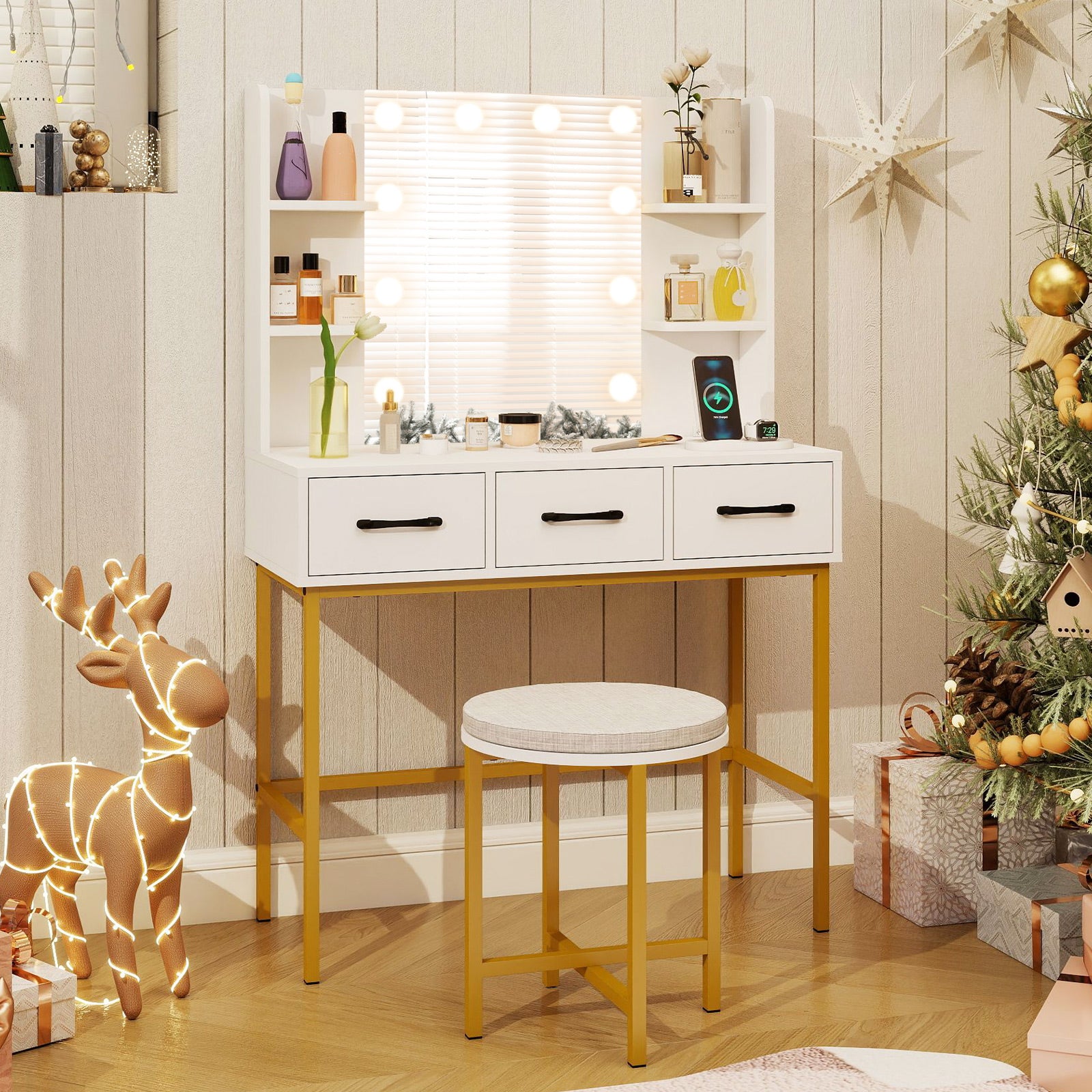 Vanity Desk with Mirror and Lights Makeup Dressing Table and Cushioned Stool Set, White Makeup Vanities at Gallery Canada