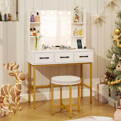 Vanity Desk with Mirror and Lights Makeup Dressing Table and Cushioned Stool Set, White Makeup Vanities at Gallery Canada