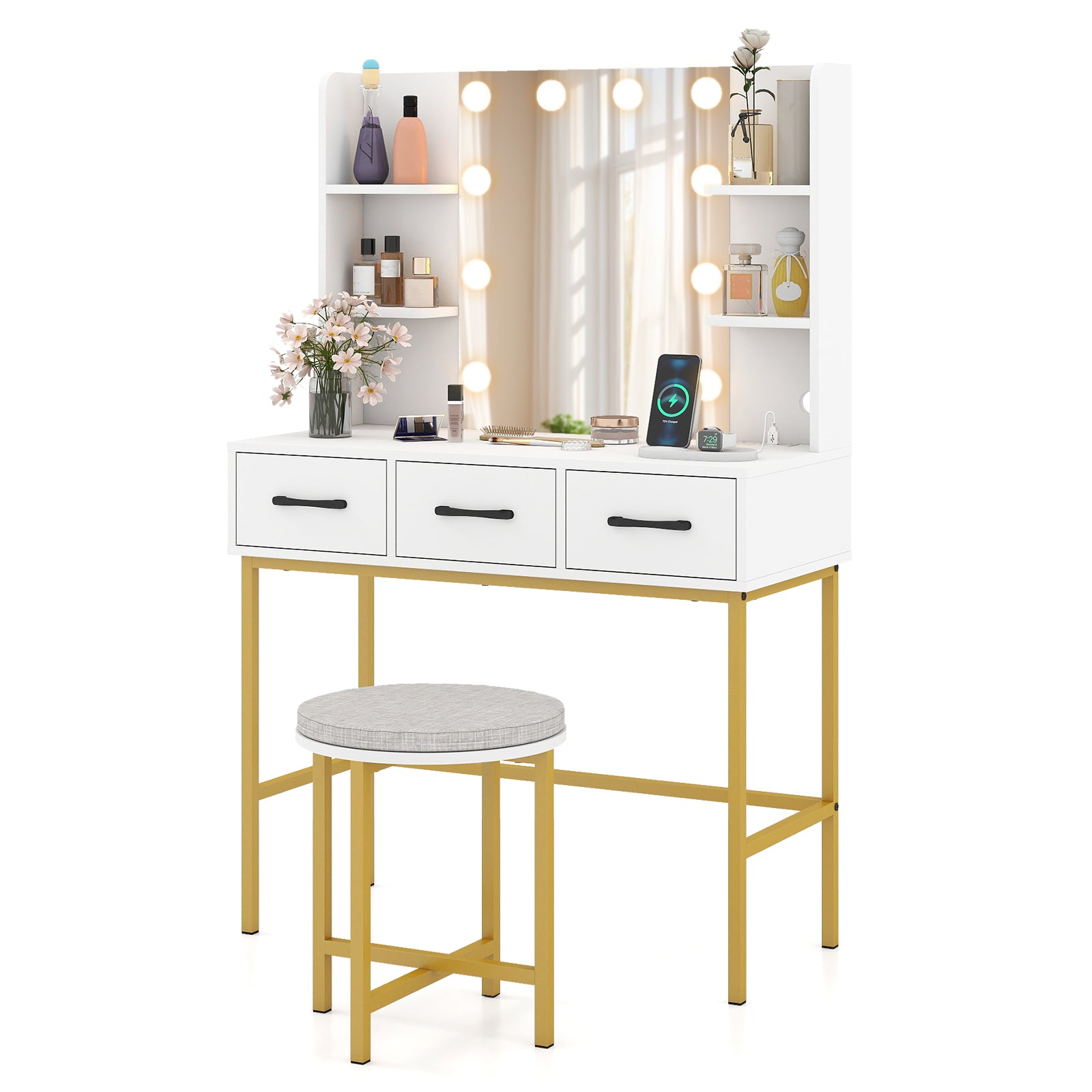 Vanity Desk with Mirror and Lights Makeup Dressing Table and Cushioned Stool Set, White Makeup Vanities White at Gallery Canada