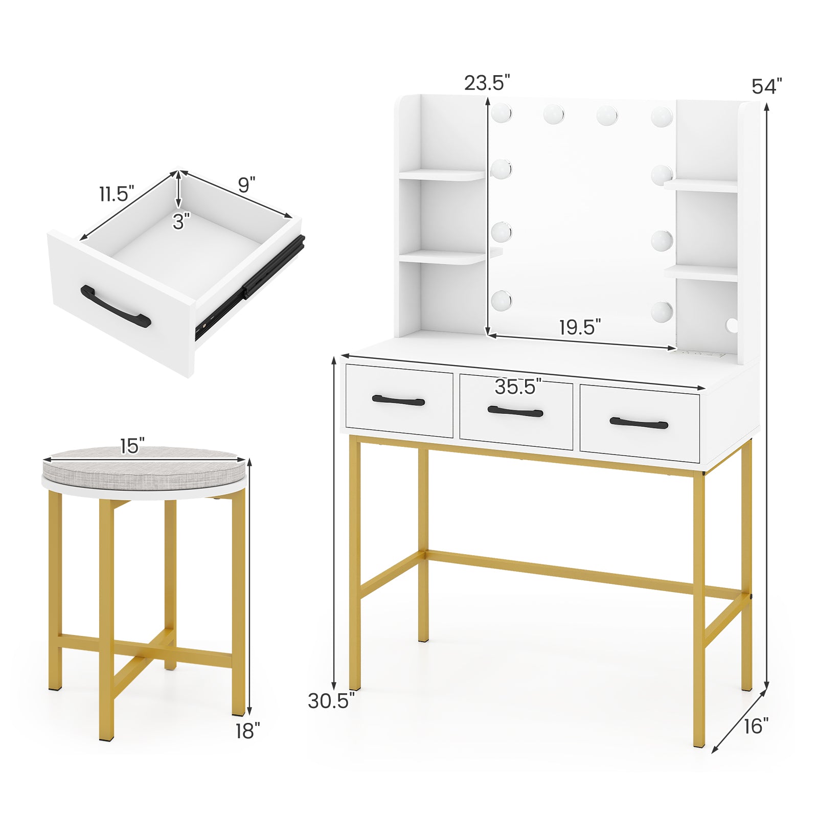 Vanity Desk with Mirror and Lights Makeup Dressing Table and Cushioned Stool Set, White Makeup Vanities at Gallery Canada