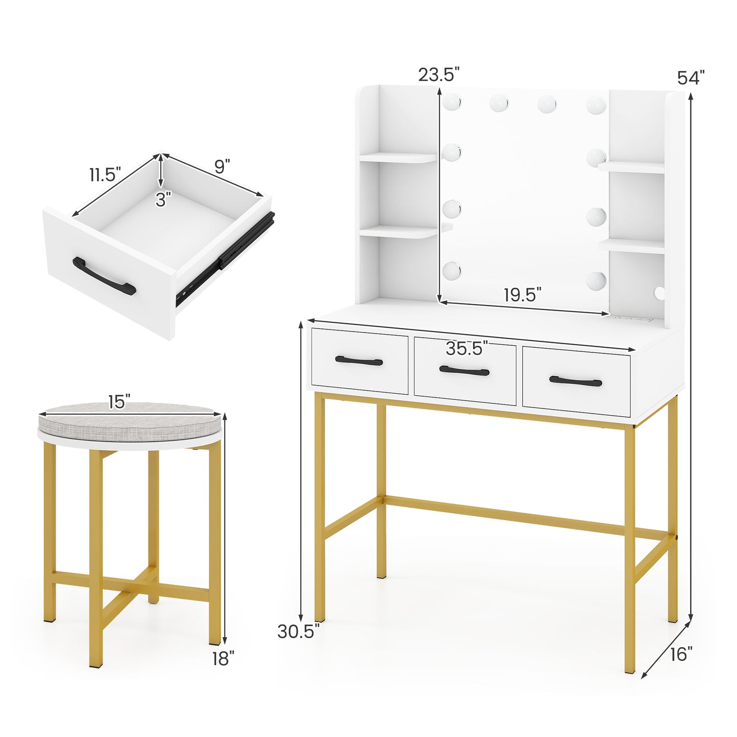 Vanity Desk with Mirror and Lights Makeup Dressing Table and Cushioned Stool Set, White Makeup Vanities at Gallery Canada