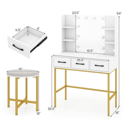 Vanity Desk with Mirror and Lights Makeup Dressing Table and Cushioned Stool Set, White Makeup Vanities at Gallery Canada